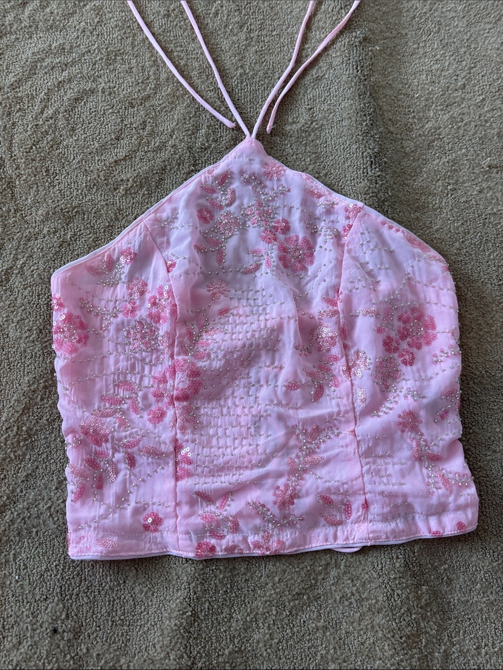 Pink Embroidered Halter Crop Top